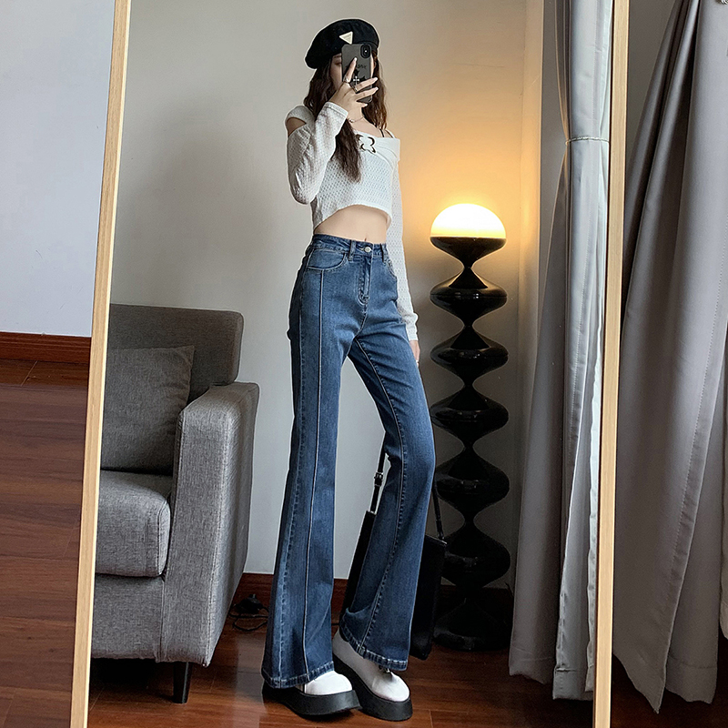 實拍~春秋復古高腰顯瘦早春彈力修身微喇叭長褲牛仔褲女2024新款