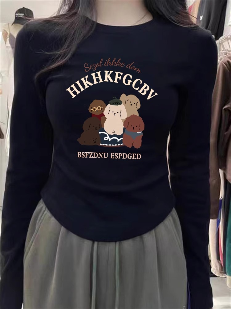 洋氣卡通印花打底衫德絨女生冬季新款圓領內搭修身t恤上衣ins