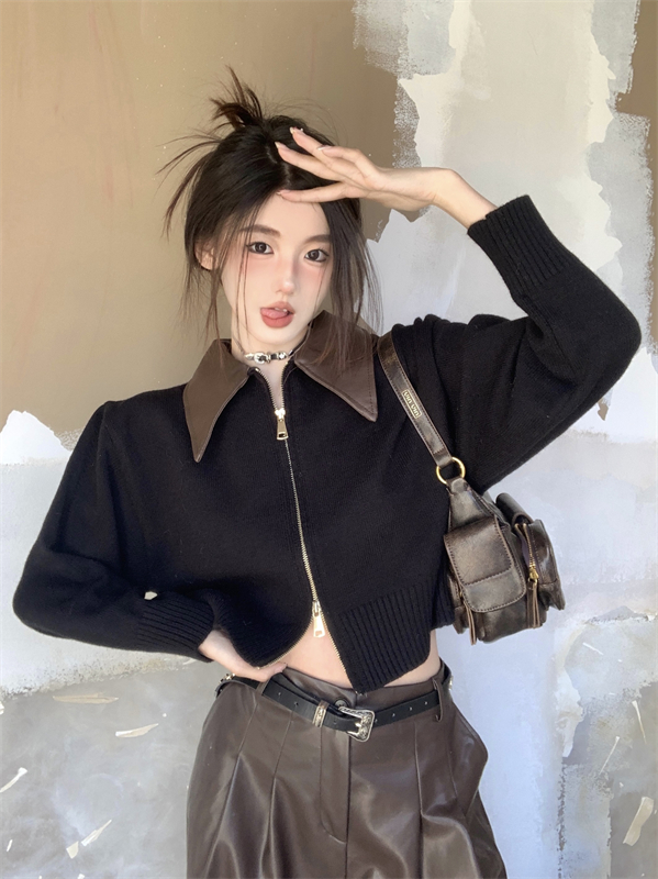 實拍 pu皮polo領雙拉鏈毛衣復古短款針織開衫設計感小眾上衣