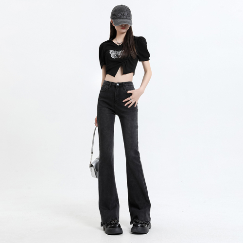 Real shot~ Frayed design bell pants high waist high elasticity casual Korean version versatile high waist skinny jeans for women 