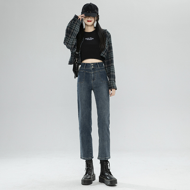 實拍~八分小個子直筒煙管褲女復古風2024新款春秋九分褲高腰顯瘦