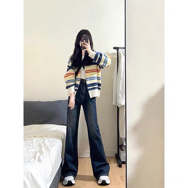 復古水洗高腰百搭牛仔褲美式垂感拖地喇叭長褲