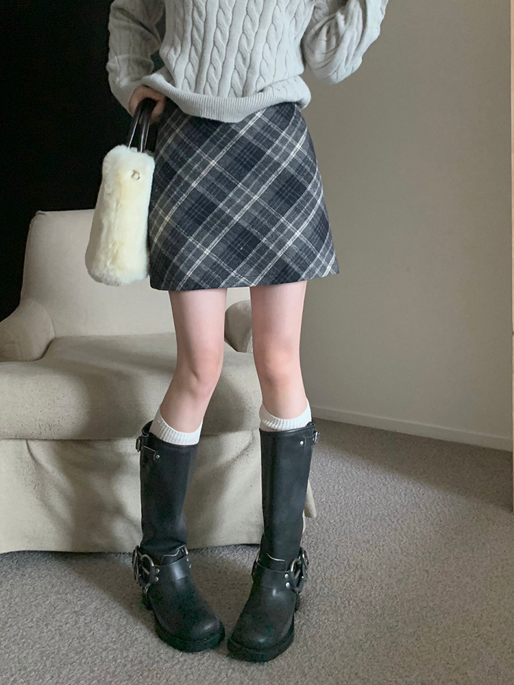 高腰格子毛呢半身裙女秋冬季2023新款復古格紋包臀裙短裙A字裙子