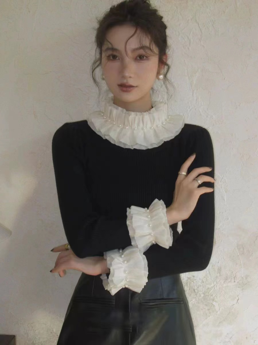 法式復古木耳邊半高領針織衫溫柔淑女輕奢絕美顯瘦打底毛衣高級感