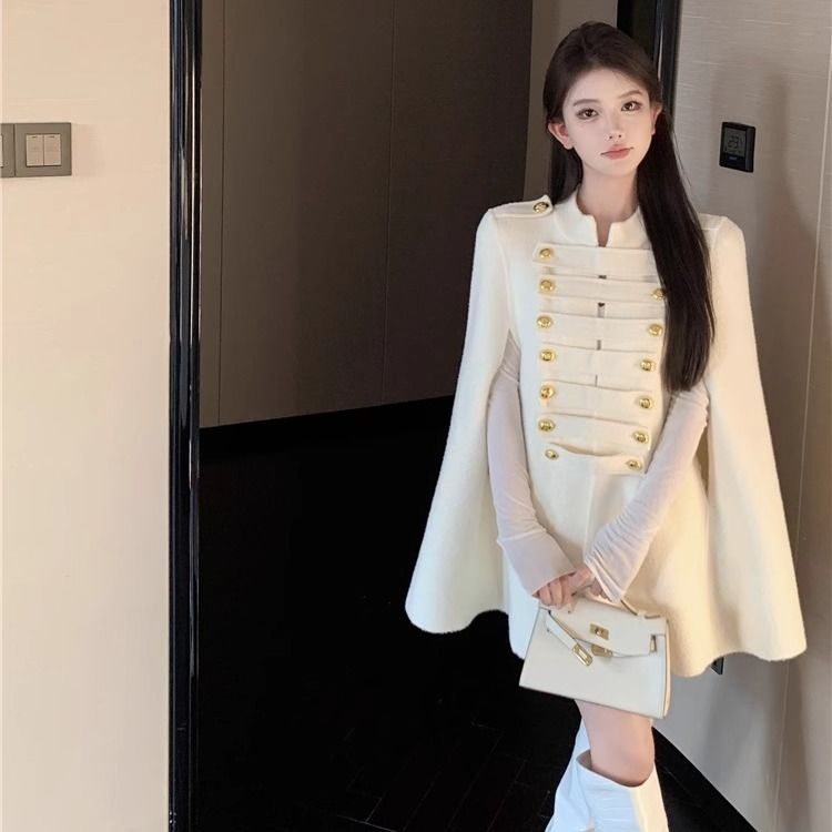 Rich daughter's cape coat women's autumn and winter 2023 new design loose mid-length long-sleeved woolen coat