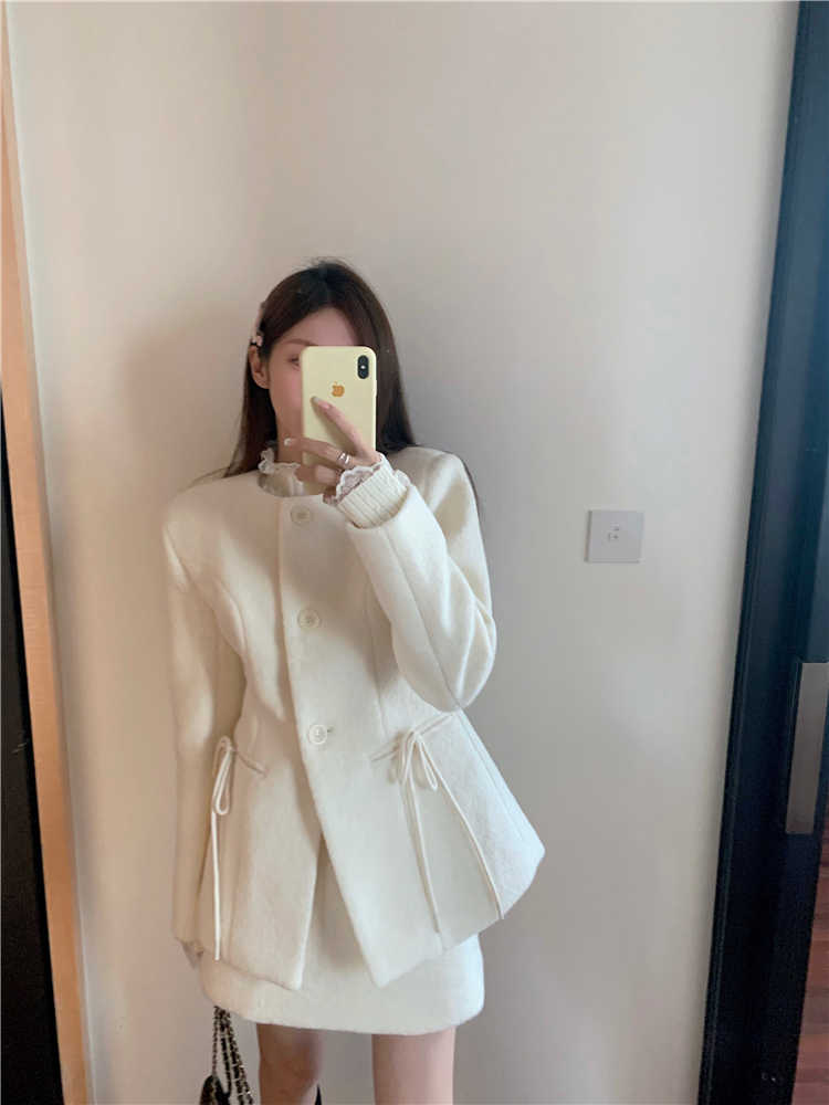 實拍~冬季新款法式小香風純色蝴蝶結毛衣外套半身裙套裝女