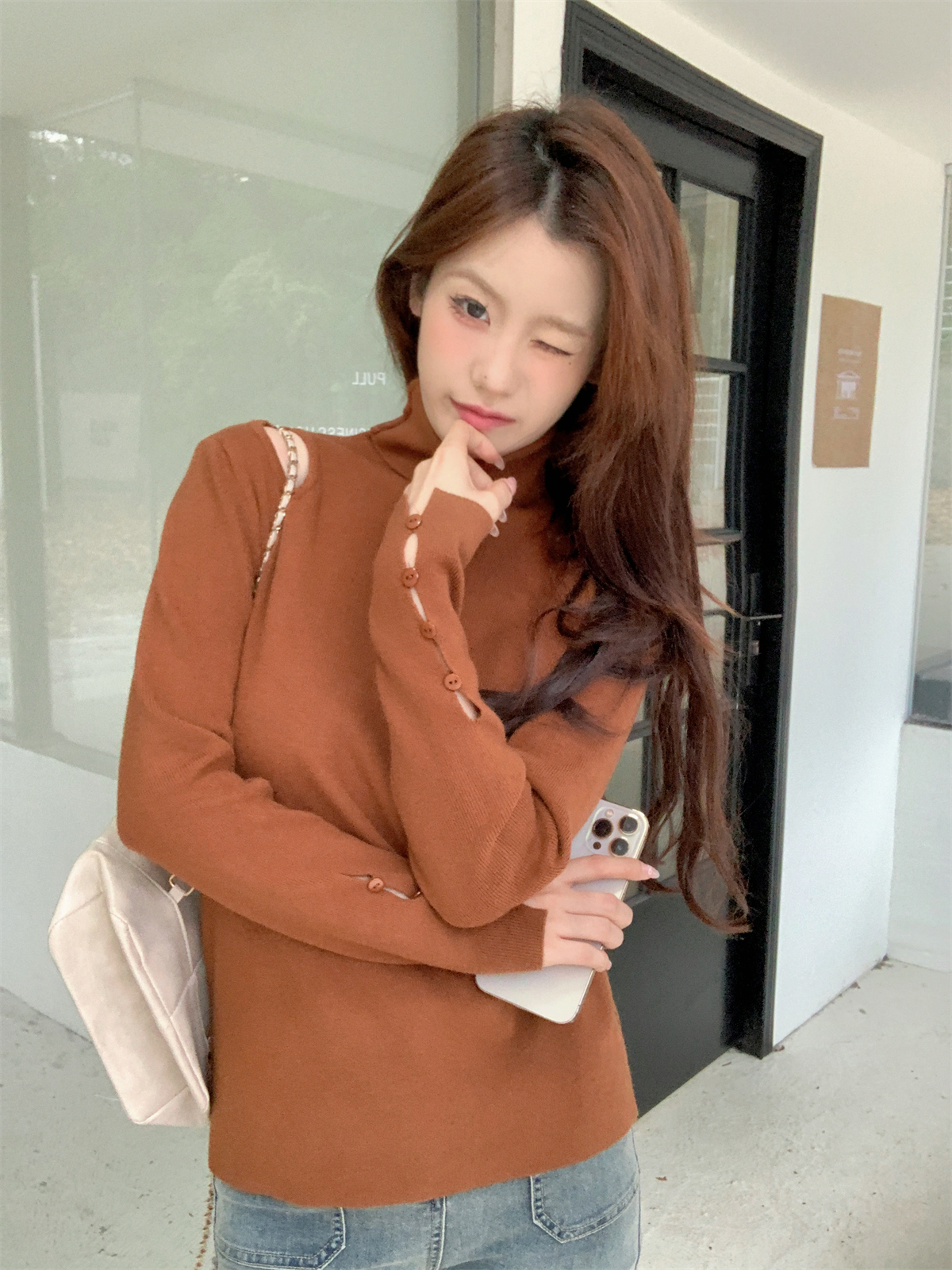 實拍 秋冬韓版高領氣質鏤空紐扣安迪絨內搭針織打底衫毛衣女