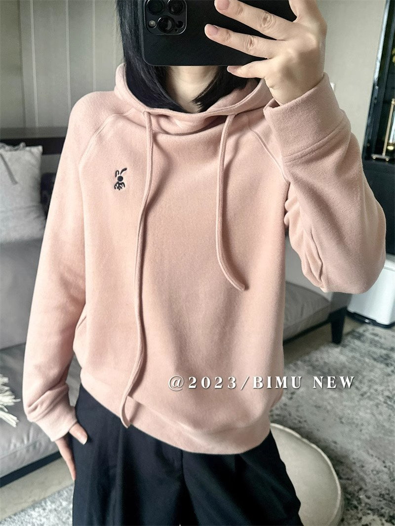 2023秋冬小兔刺繡抽繩連帽雙面德絨衛衣女