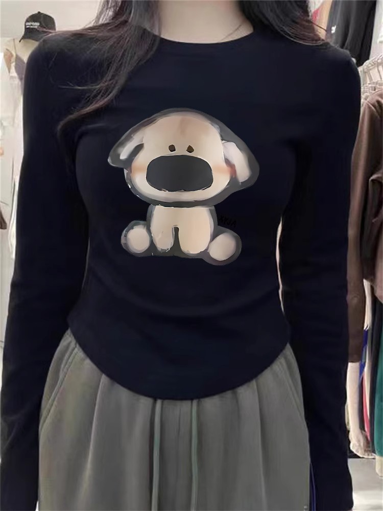 洋氣卡通印花打底衫德絨女生冬季新款圓領內搭修身t恤上衣ins
