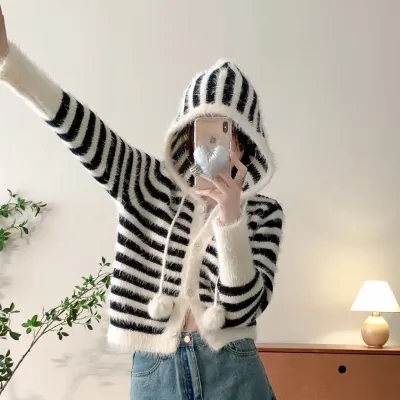 2024 new autumn and winter mohair striped hooded sweatshirt knitted cardigan coat women's loose versatile slim sweater