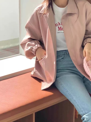 Korean style pink imitation leather jacket for women 2024 spring and autumn American and European new Hong Kong style casual pu leather jacket top