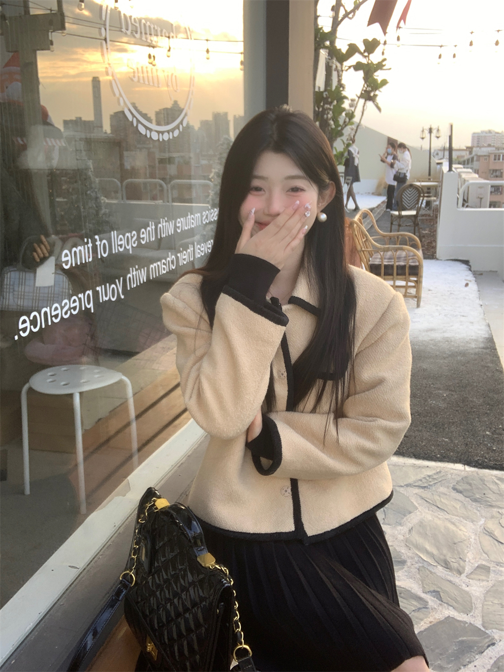 實拍小香風套裝卡其色毛呢夾棉外套針織長袖連衣裙兩件套女