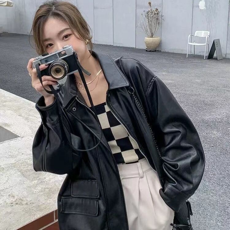 Internet celebrity black imitation leather jacket for women 2024 spring and autumn American and European new Hong Kong style casual pu leather jacket top