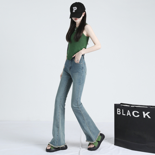 Real shot~ Frayed design bell pants high waist high elasticity casual Korean version versatile high waist skinny jeans for women 