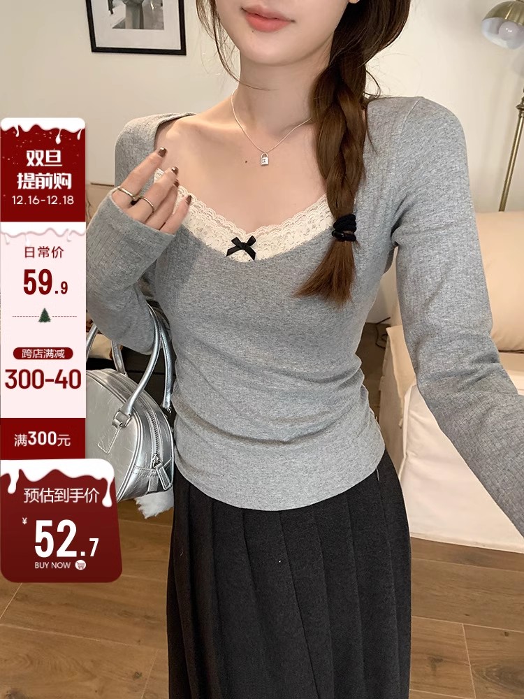 Black 77bm girl spliced ​​lace gray jacquard texture sweater for women autumn and winter V-neck inner wear long-sleeved T-shirt