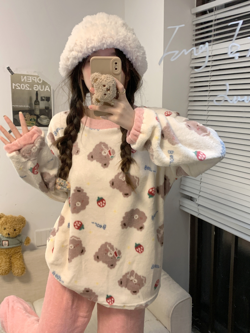實拍 加厚珊瑚絨睡衣冬季加絨保暖學生法蘭絨家居服套裝