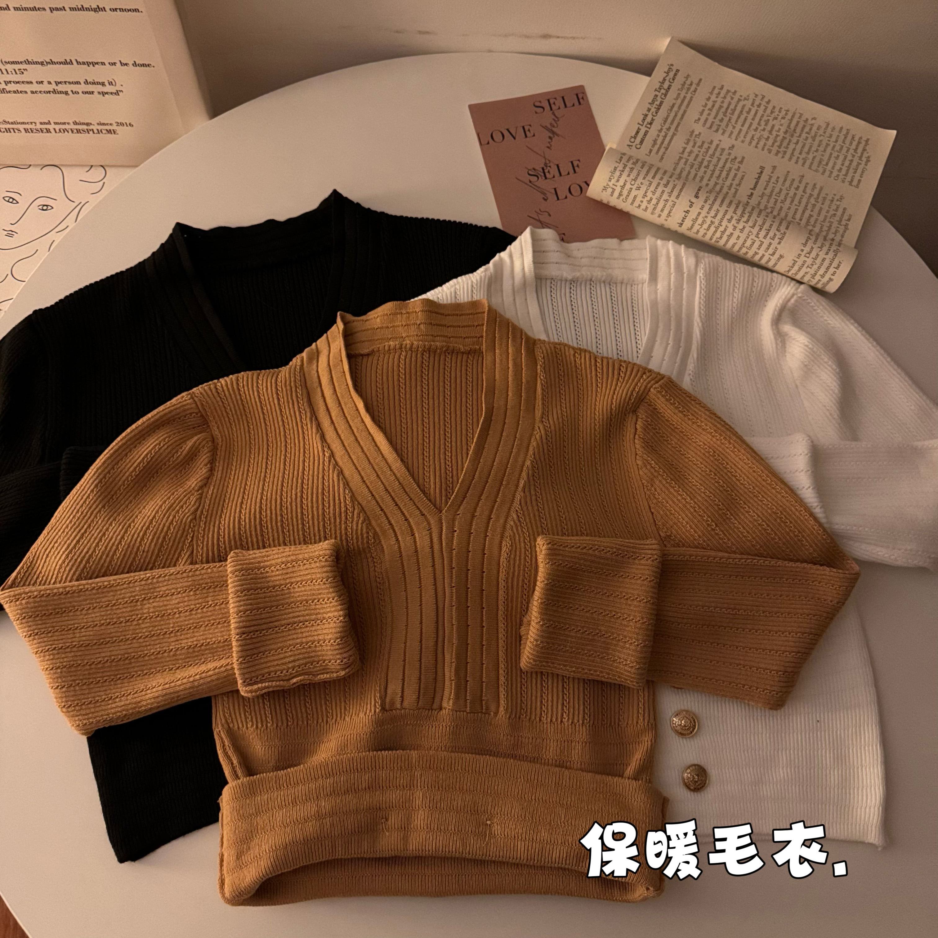 實拍冬季韓版V領百搭保暖長袖針織衫毛衣打底上衣