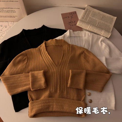实拍冬季韩版V领百搭保暖长袖针织衫毛衣打底上衣
