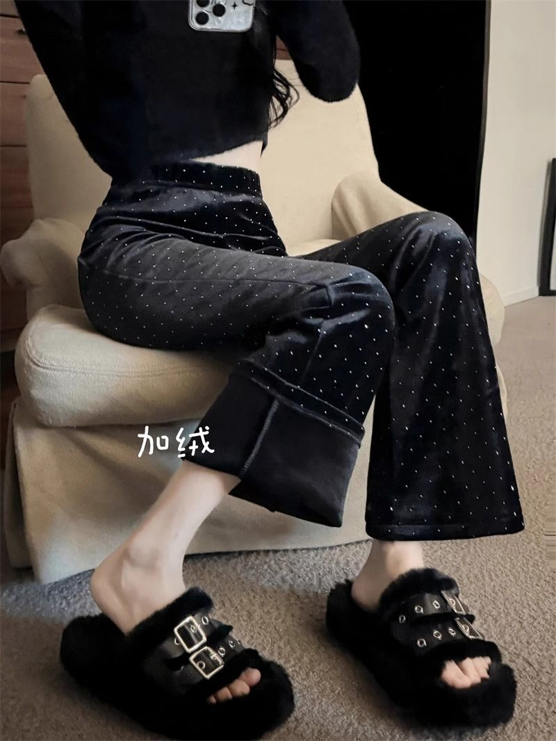 加絨加厚絲絨燙銀休閒褲女秋冬韓版2023新款港風設計感微喇長褲潮