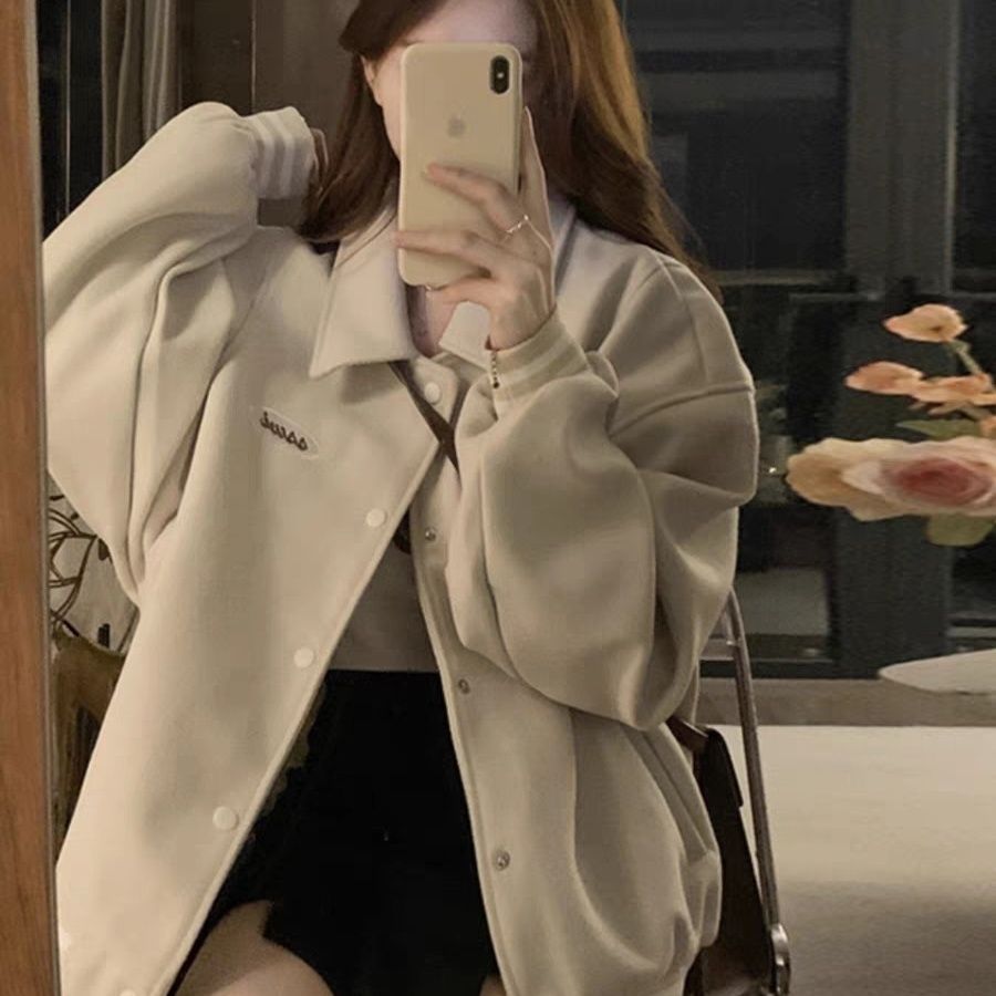 Lapel baseball uniform jacket for girls spring and autumn clothing for middle school and high school students small American retro casual jacket tops