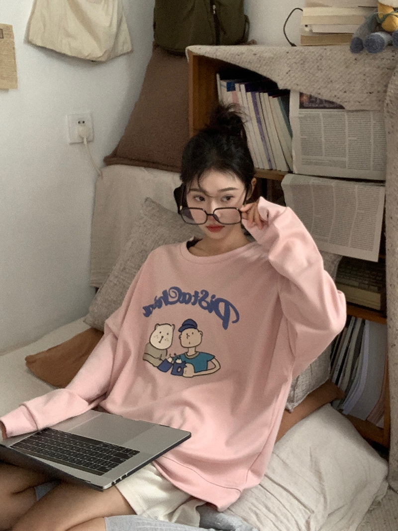 原創~實拍~早秋朱地圓領寬鬆百搭印花衛衣女長袖潮