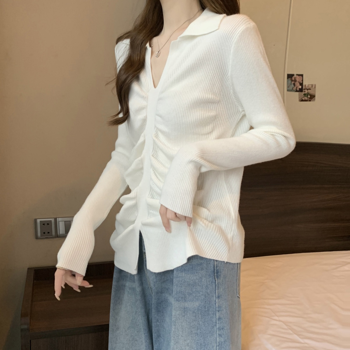 質檢官圖設計感小眾洋氣修身百搭針織衫春秋季新款長袖純色上衣女