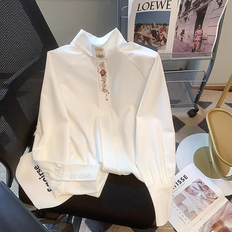 新中式國風刺繡上衣女秋裝配馬面裙襯衫高級感長袖小立領漢服襯衣
