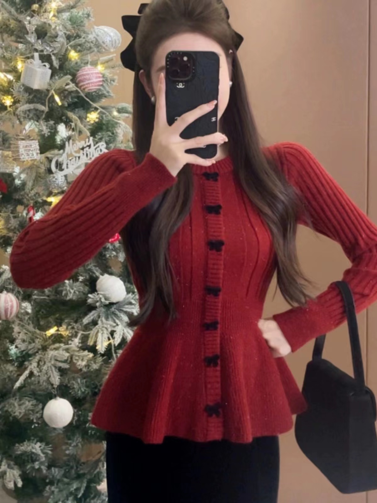 聖誕新年紅小裙擺針織衫女秋冬長袖針織顯瘦氣質亮閃修身針織衫女