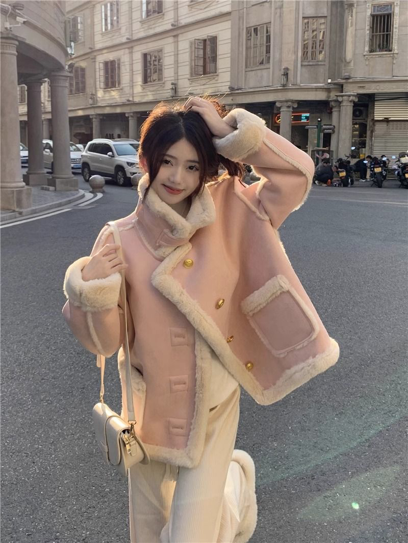 Fur one-piece coat for women winter 2023 new sweet little fragrance plus velvet thickening loose warm stand collar coat