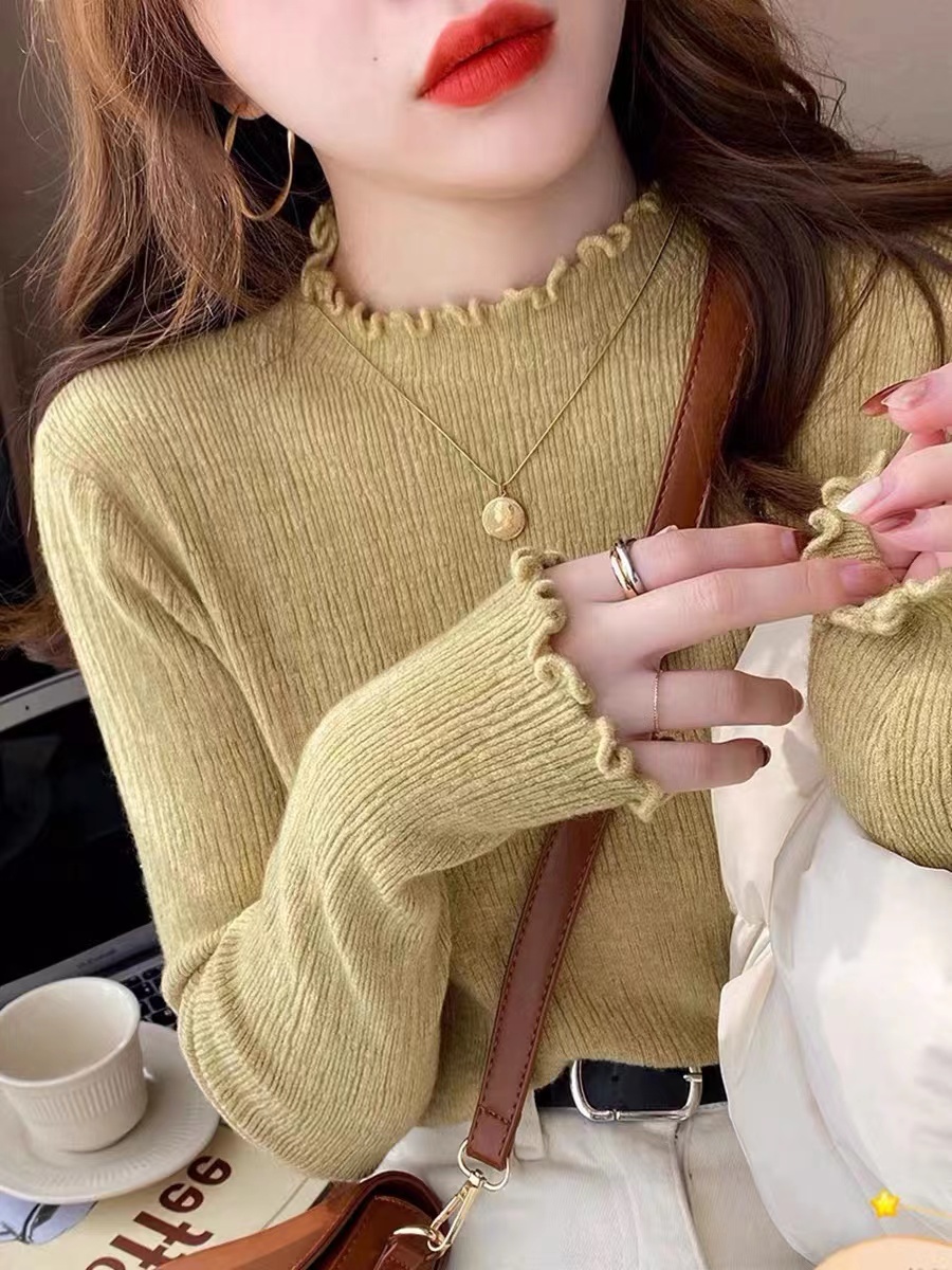 半高領加絨加厚毛衣女秋冬木耳邊打底衫內搭新款2023修身白色上衣