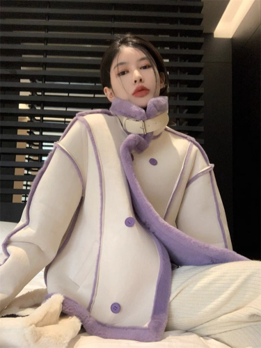 Imitation lamb wool coat for women winter 2023 new style plus velvet and thickened fur integrated design loose long-sleeved top