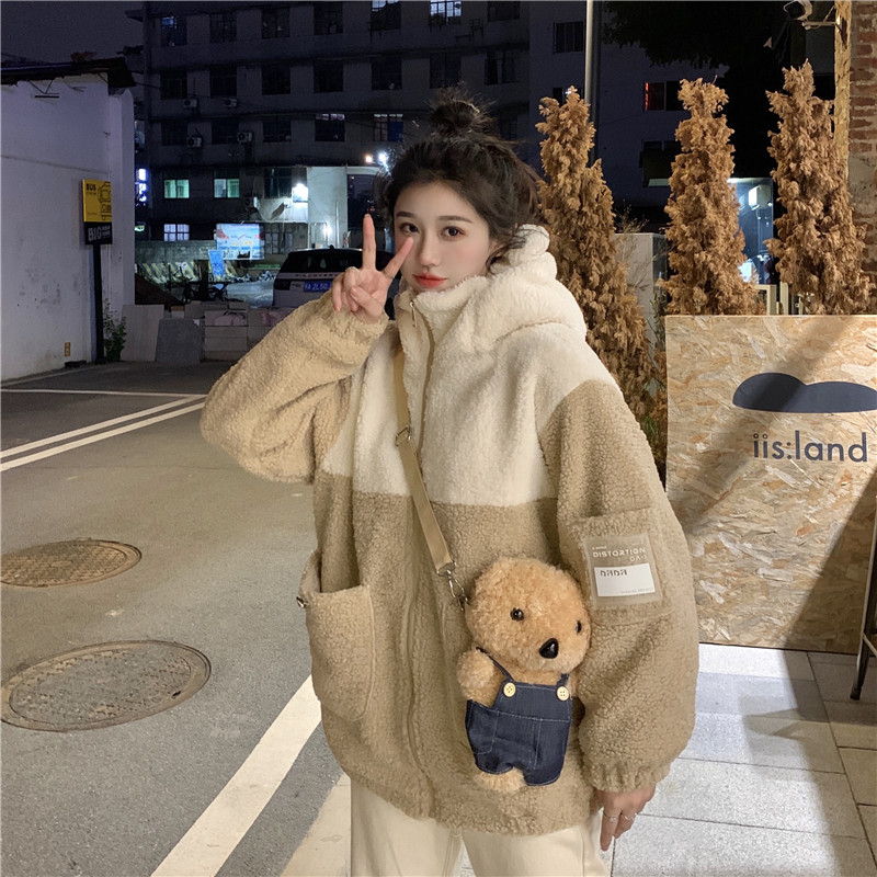 Actual shot ~ Winter playful and cute bear ears plush J quilted jacket for women warm hooded cotton coat