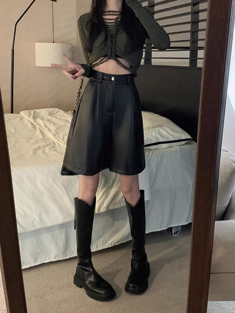 美拉德PU皮闊腿短褲女秋冬2023新款復古高腰顯瘦百搭咖啡色休閒褲