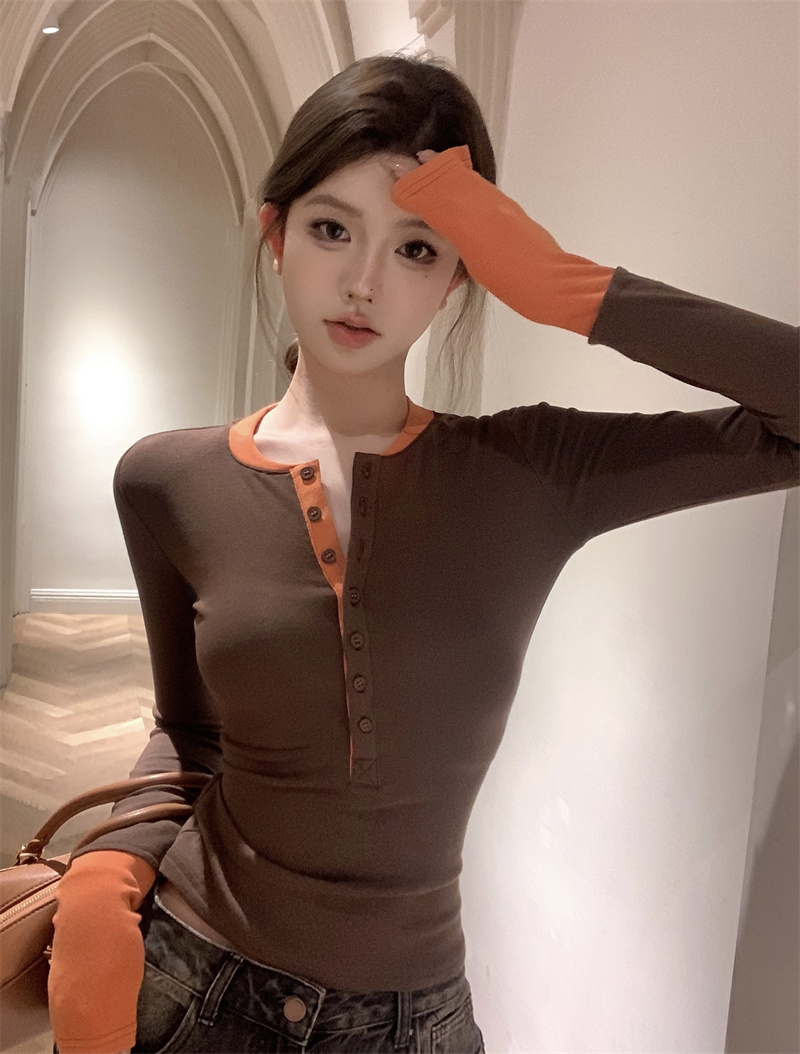 實拍~美拉德穿搭撞色長袖T恤女秋冬內搭打底衫圓領修身上衣