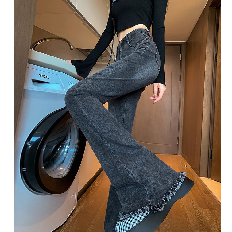 毛邊微喇牛仔褲女秋冬季新款小個子高腰彈力修身顯瘦馬蹄喇叭褲子