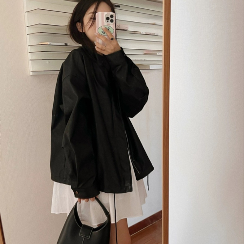 Korean style black imitation leather jacket for women  spring and autumn American and European new Hong Kong style casual pu leather jacket top