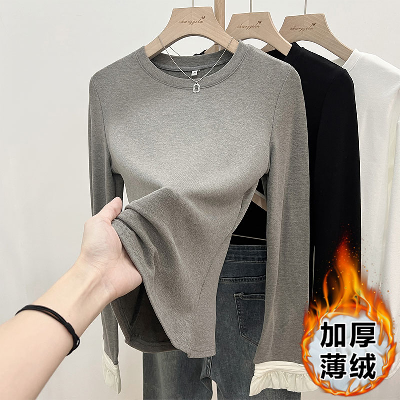 實拍歐貨微喇叭袖內搭長袖T恤女秋冬設計感洋氣百搭修身上衣