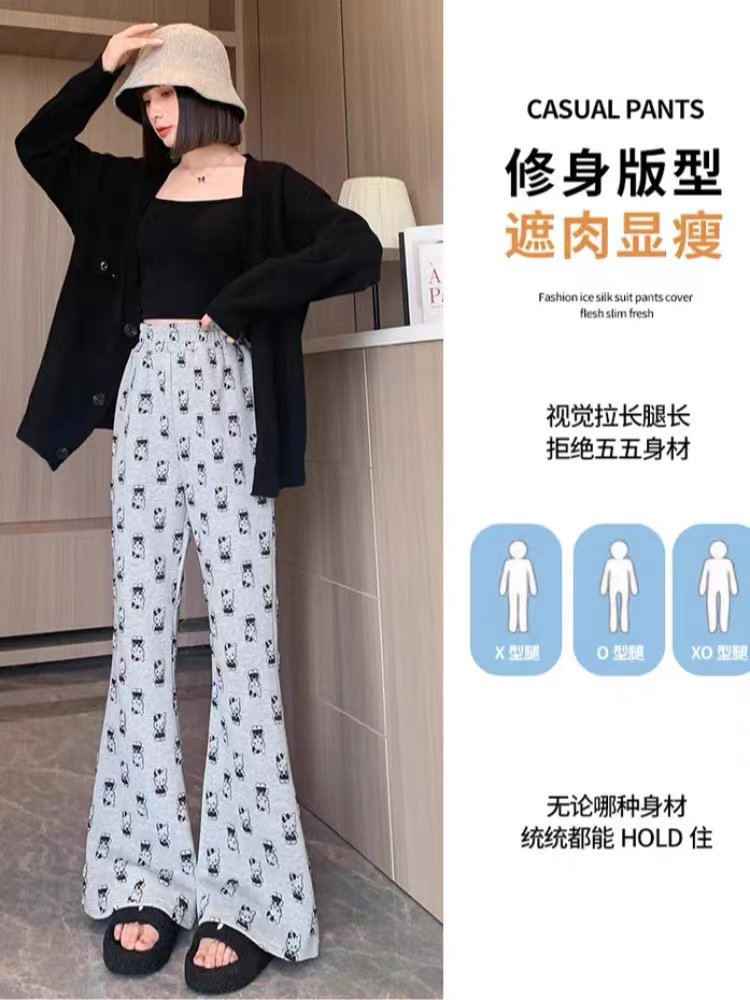 嬰兒絨/ 薄款灰色卡通印花休閒褲女秋季高腰拖地直筒微喇叭長褲