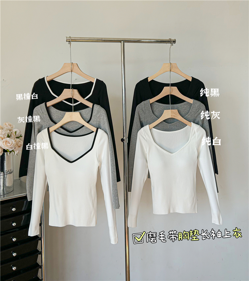 Real shot!  French cashmere warm long-sleeved brushed plus velvet contrast color with chest pad slim fit T-shirt base