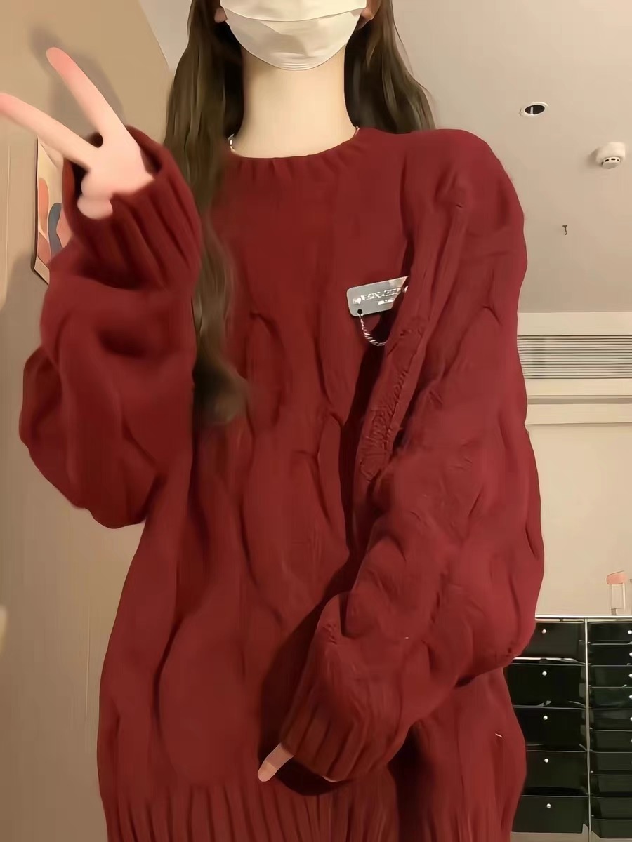 聖誕新年紅色毛衣女秋冬2024龍年本命年過年衣服復古寬鬆慵懶外套