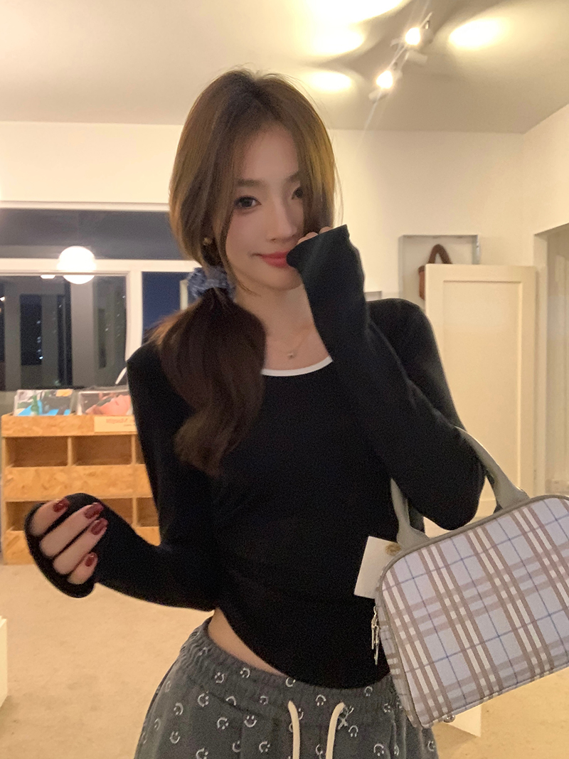實拍 三標齊 冬季加絨撞色修身打底衫設計感收腰顯瘦內搭上衣