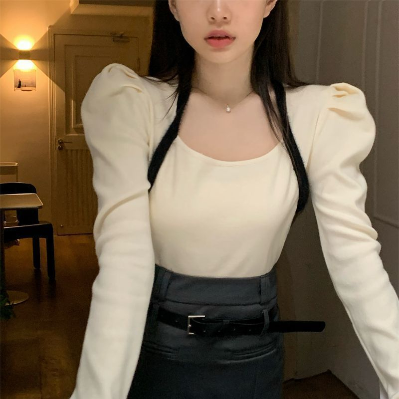 復古氣質女秋冬法式泡泡袖修身套頭設計感短款