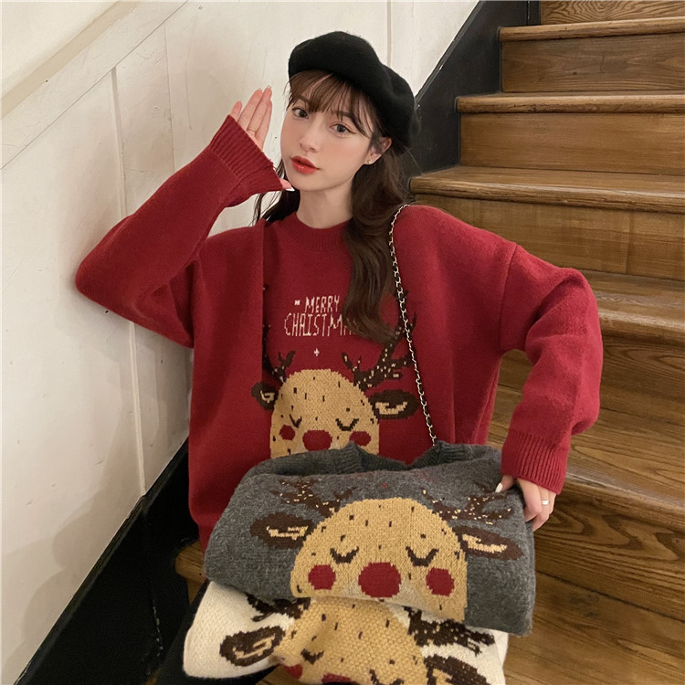 聖誕紅色麋鹿毛衣女秋冬外穿寬鬆慵懶風韓版針織衫上衣潮