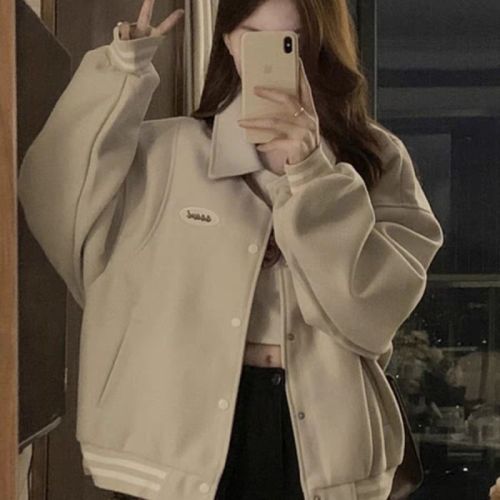 Lapel baseball uniform jacket for girls spring and autumn clothing for middle school and high school students small American retro casual jacket tops