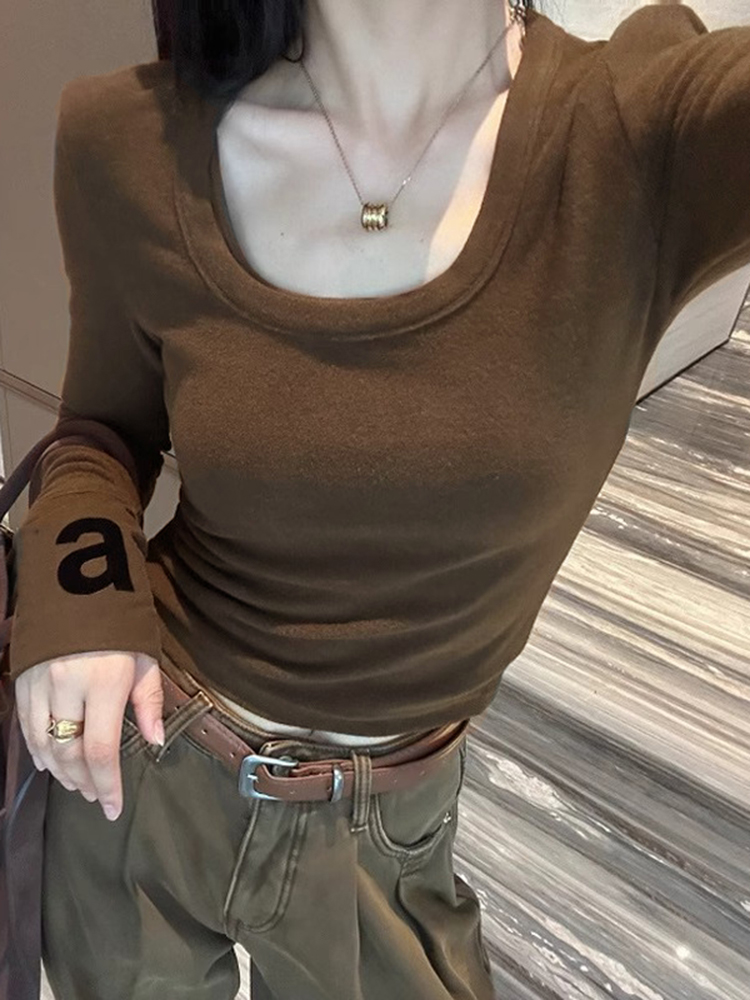 Thickened German velvet long-sleeved T-shirt for women in spring, autumn and winter, U-neck plus velvet bottoming shirt, Maillard wear slim fit top