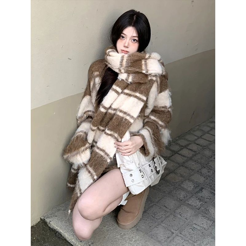 216#慵懶風條紋毛衣女學生冬季加厚美拉德穿搭寬鬆v領針織衫上衣