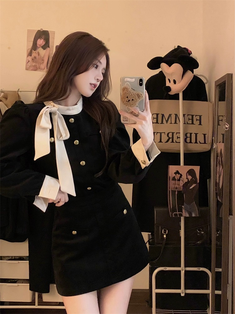 小香風套裝裙兩件套蝴蝶結燈芯絨外套富家千金女秋冬高腰半身短裙