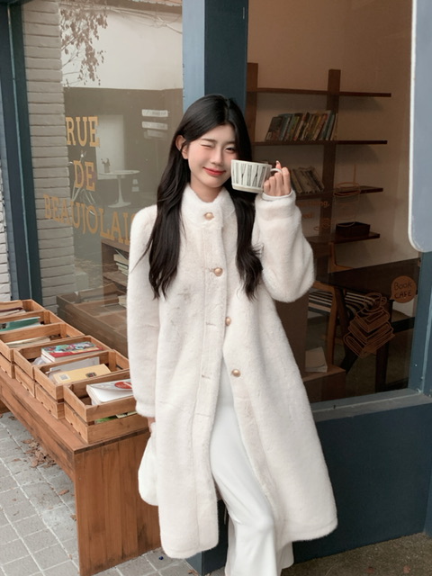 Actual shot of the new Korean style loose mid-length fur one-button cardigan simple fur coat