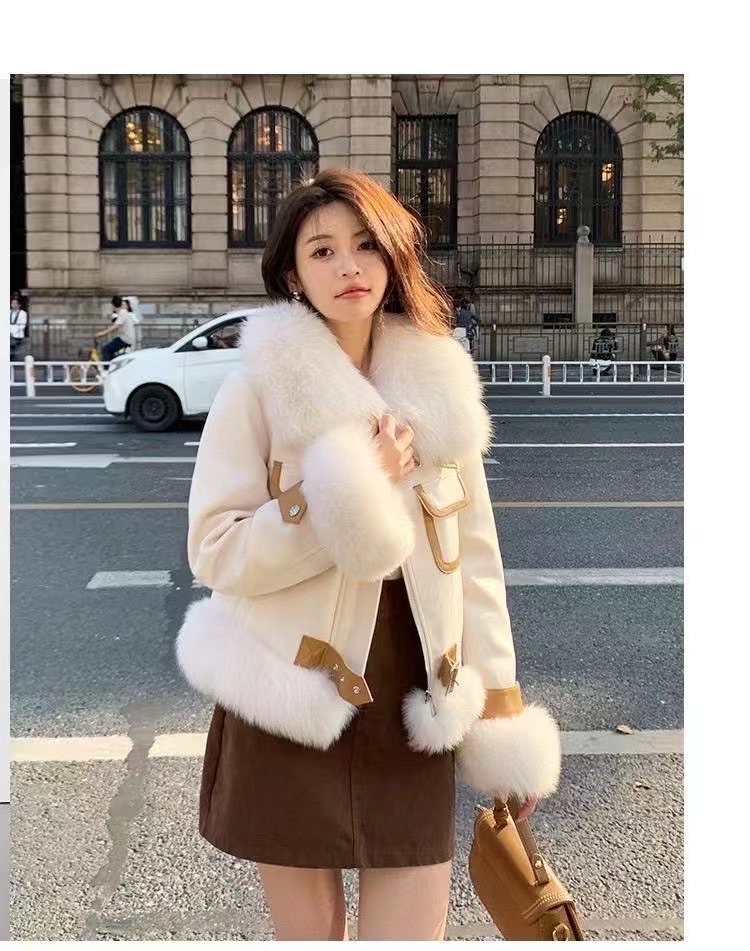 Winter fur all-in-one short down jacket for women high imitation fox fur for small people versatile white duck down trendy