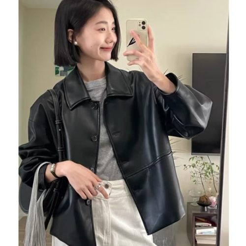 South Korea 2024 Spring and Autumn Hong Kong Style Black Retro Leather Jacket Women's Motorcycle Leather Jacket Short Leather Spring Style